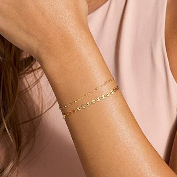 14K Gold Filled Adjustable Layered Bracelet Cute Evil Eye Oval Chain Pearl Bar